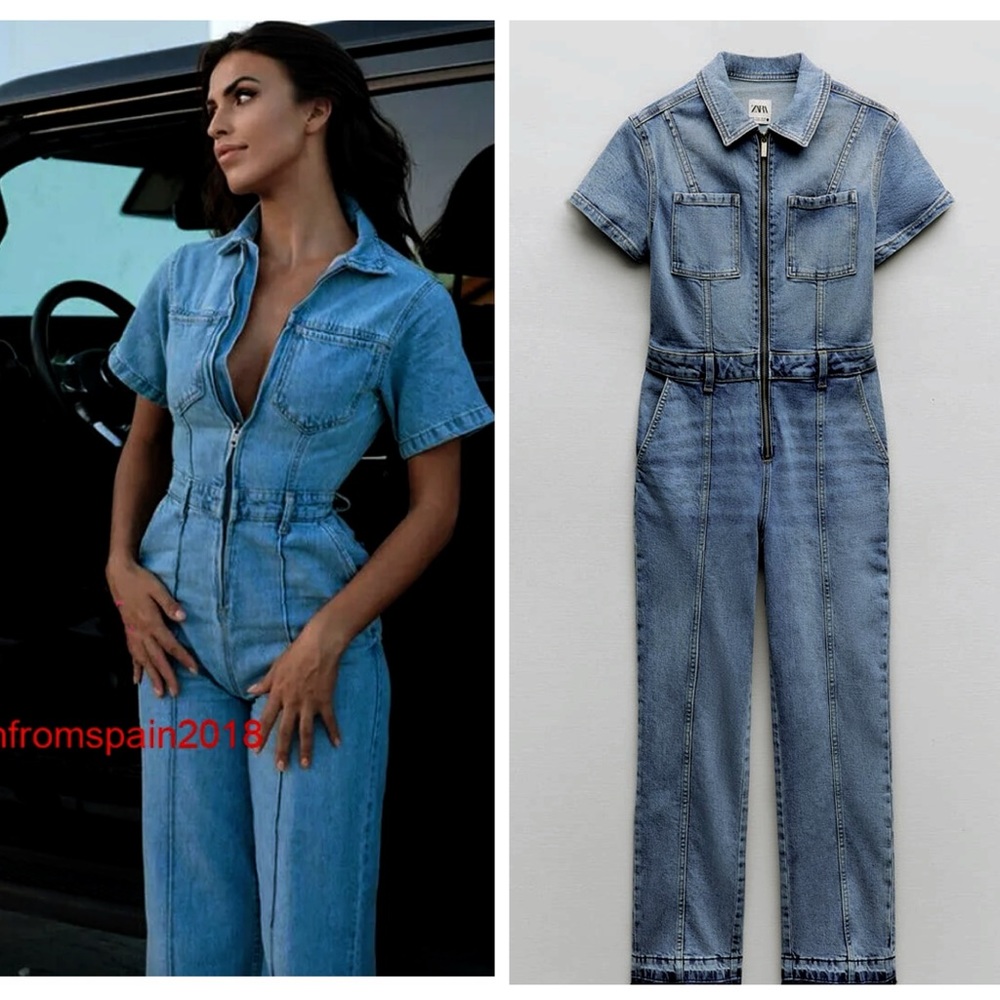 ZARA fitted denim jumpsuit w topstich and zipper blogger favorite